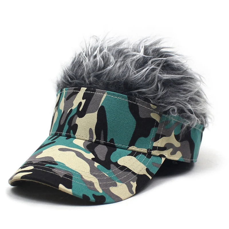 

Men Women Camouflage Sunshade Adjustable Sun Visor Baseball Cap With Spiked Hairs Wig Baseball Hat Spiked Fake Hair Funy Hat
