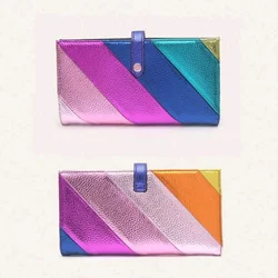 Women's Elegant Colorful Stripe Stitching Bifold Wallet with Zipper Pocket (Blue)