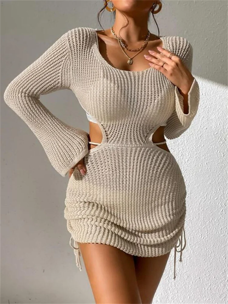 SUNSIREN Sexy Cut Out Knitted Beach Dress Women Hollow Out Tassel Crochet Transparent Dresses Backless Cover Ups Beach Wear