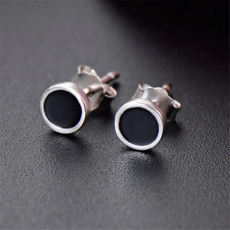 

925 Sterling Silver Black Enamel Round Stud Earrings For Women Wedding Gift Female pendientes mujer moda aretes de mujer eh1451