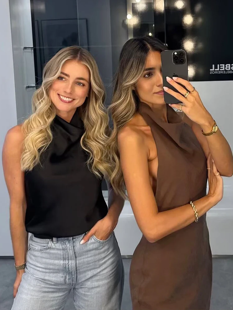 2026 Halter Tops For Women Satin Backless Short Top Female Summer Beach Top Woman off Shoulder Camisole Top Women