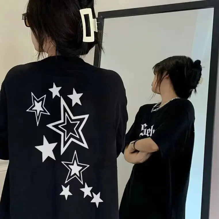 

American Retro Star Print Short-sleeved T-shirt for Women Vintage Clothes Summer Oversize Design Sense Casual All-match Y2k Top
