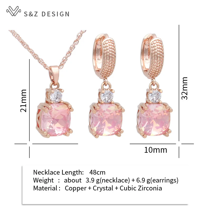 S&Z DESIGN New Fashion Classic Square Crystal Drop Earrings Jewelry Sets For Women Wedding 585 Rose Gold Color Pendant Necklace