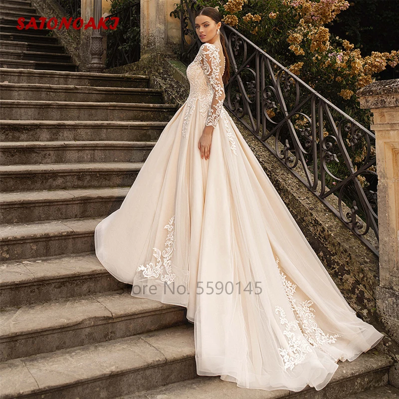 modest wedding dresses Vestidos De Novia Boho Champagne Tulle Weeding Dress 2022 A-Line V-Neck Long Sleeves Lace Applique Illusion Backless Bridal Gown bridesmaid dresses