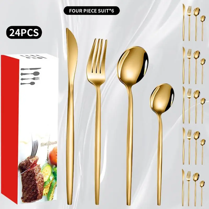 

Premium Quality 24 Piece Set of Portuguese Stainless Steel Western Cutlery with Titanium Plated Gold Finish - Includes Steak Kn