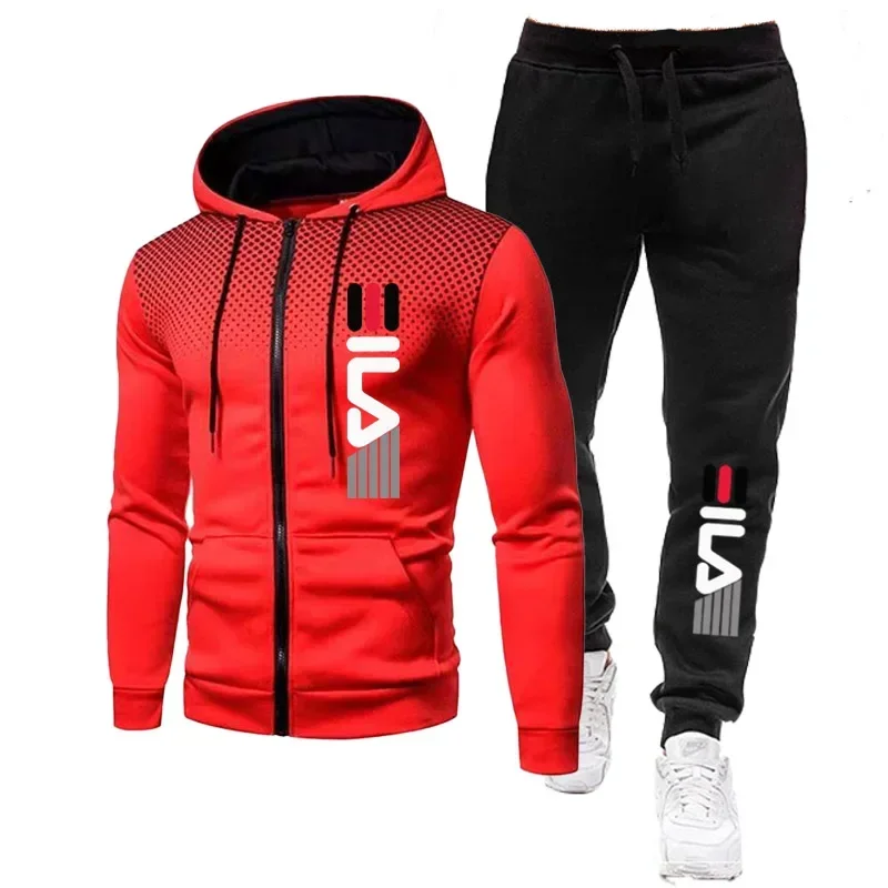 thumbnail image 1 of Chándal de dos piezas para hombre, chándal de manga larga con cremallera y estampado, Abrigo con capucha y pantalones largos de chándal, ropa deportiva para exteriores, Otoño e Invierno, 1 of 5