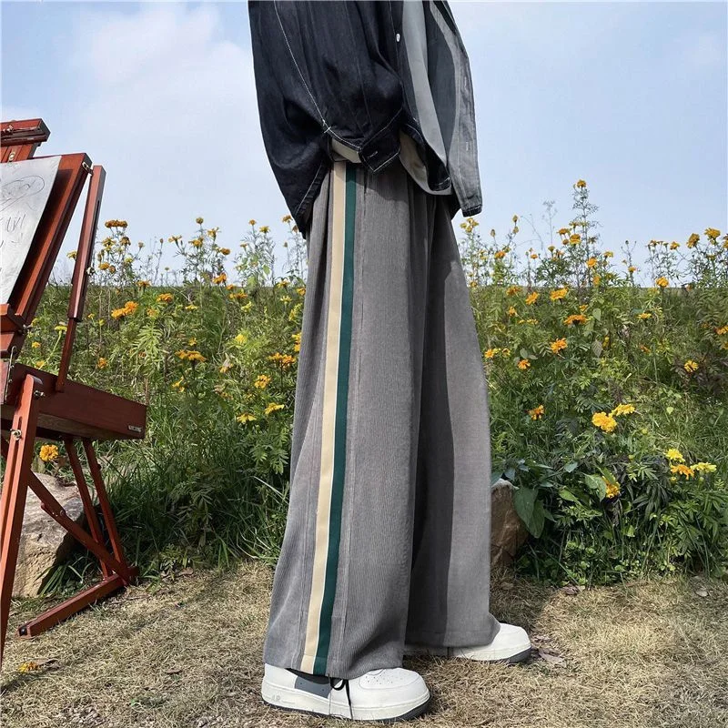 American Street Pants Loose Corduroy Patchwork Striped Pants Men Contrasting Elastic Waist Drawstring Straight Casual Trousers