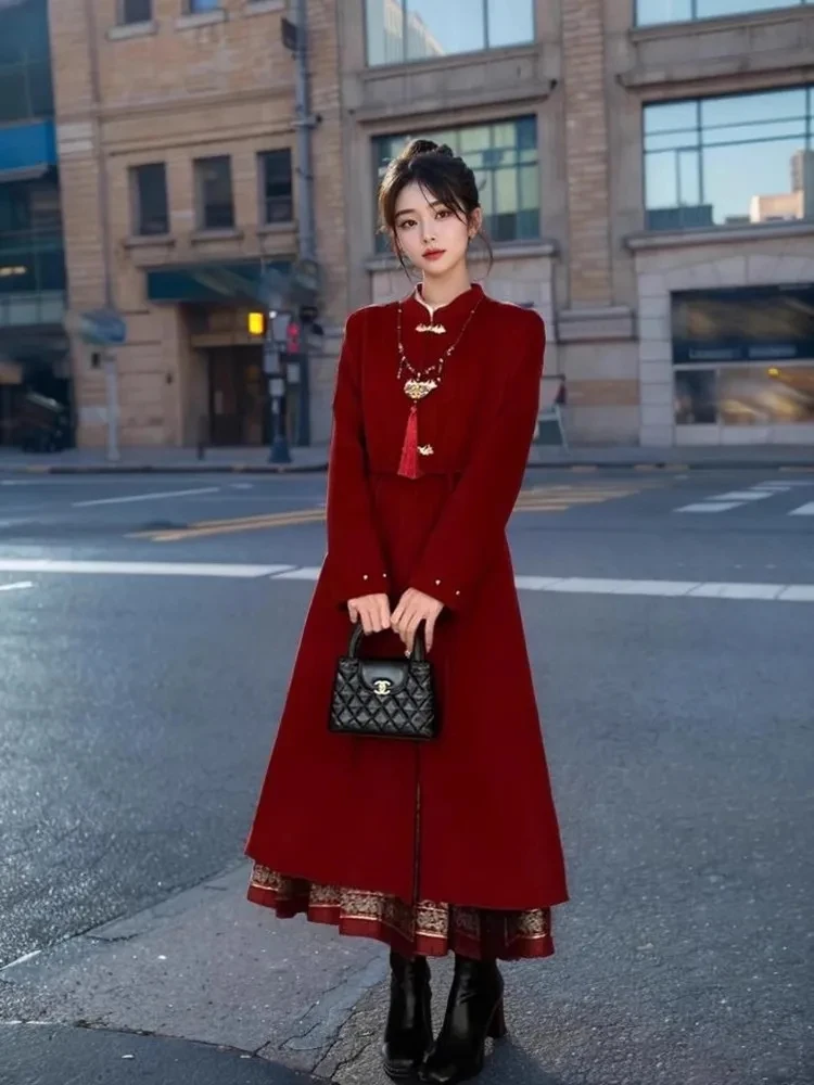 Autumn And Winter Retro Chinese Style New Chinese Style Standing Collar Woolen Coat Women's Medium Long Thick Woolen Coat