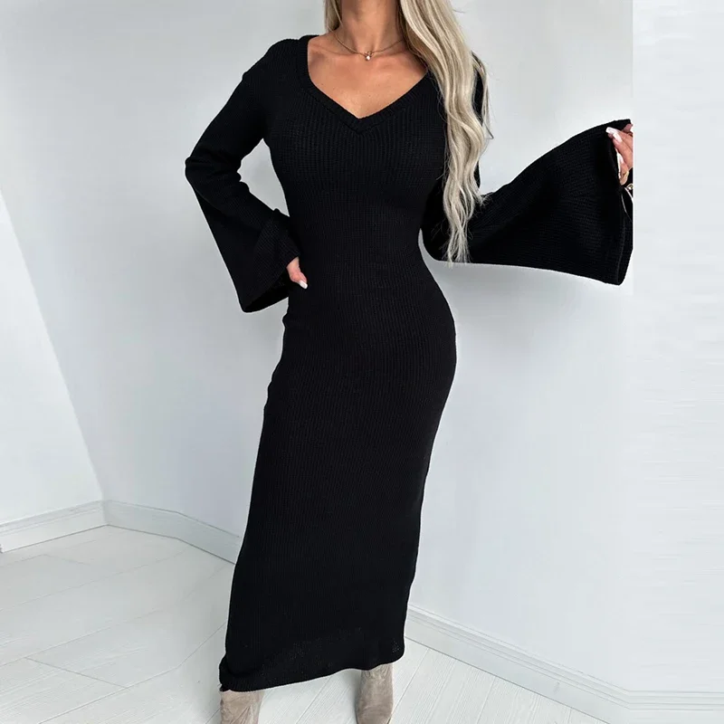 

Women Sexy V-neck Slim Bodycon Hip Dress Autumn Solid Rib Knitted Long Party Dress Winter Flare Long Sleeve Boho Maxi Dress