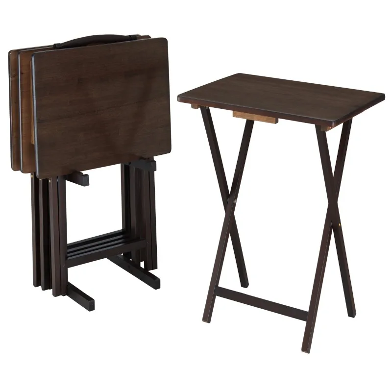 

4 Tables+1 Rack Stand Mainstays Indoor Folding Table Set of 4 in Walnut L19 x W15 x H26 inches