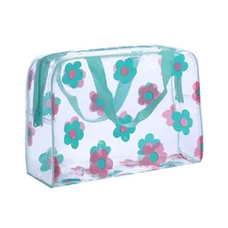 Transparent Floral Waterproof Cosmetic Bag for Travel and Toiletry Storage (Green)