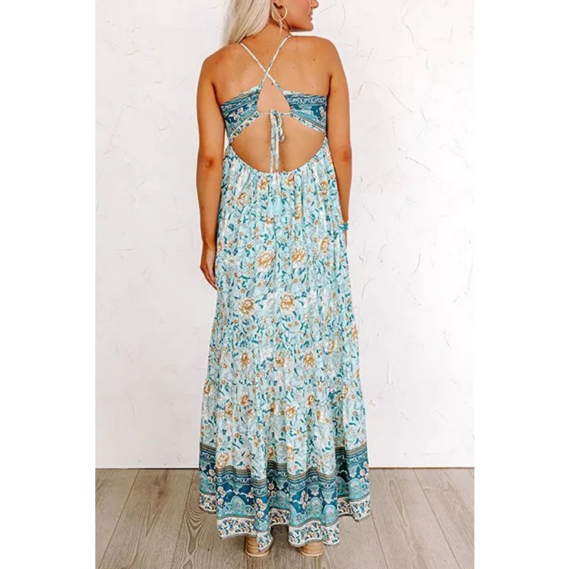 Spring and Summer New Suspender Floral Street Tie Backless Dress for Women's Club Party Dress in European and American Style