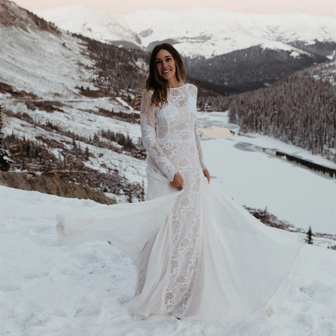 

Chiffon And Lace Boho Wedding Dress Sexy Backless Long Sleeve Bridal Gowns 2022 Autumn Winter Country Robe De Mariee Custom Made