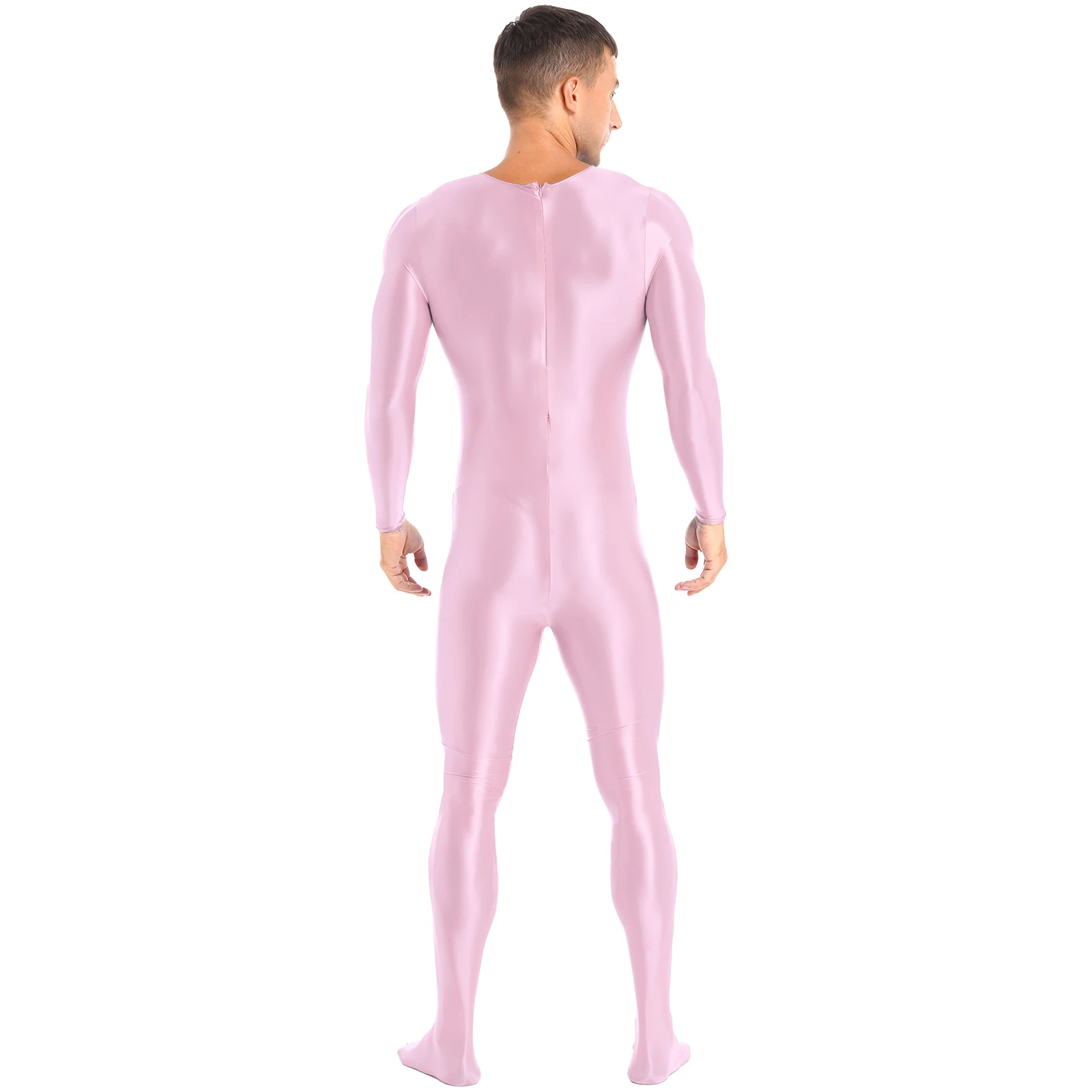 Mens Solid Color Swimming Bodysuit Swimwear Swimsuits Long Sleeve Back Zipper Glossy Bodystocking Jumpsuit Sportswear Nightwear
