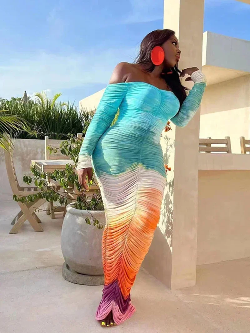 

Streetwear Tie Dye Off Shoulder Dresses For Women Spring Y2K Clothing Bodycon Maxi Ruched Dress Sexy Party Club Dresses Vestidos