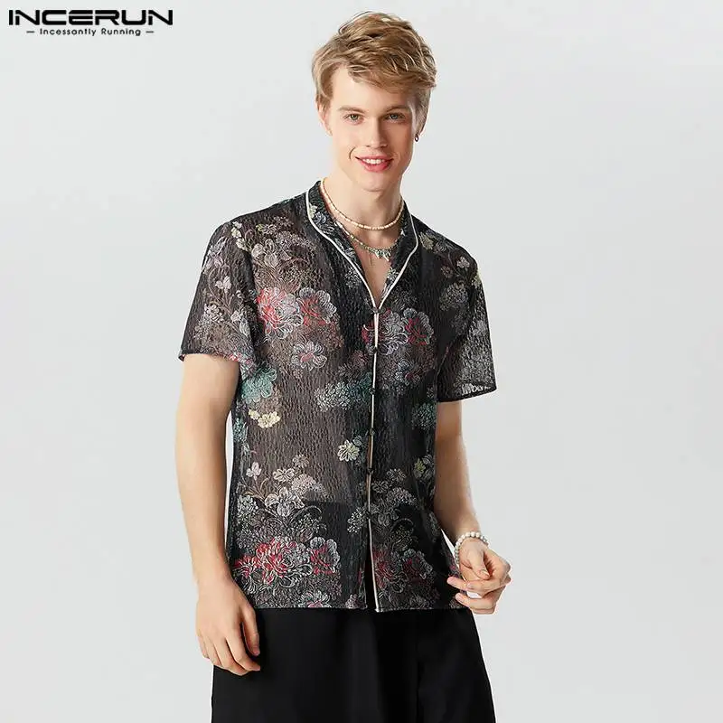 

INCERUN Tops 2024 Chinese Style Men's Floral Printing Satin Standing Collar Shirts Casual Comfortable Short Sleeved Blouse S-5XL