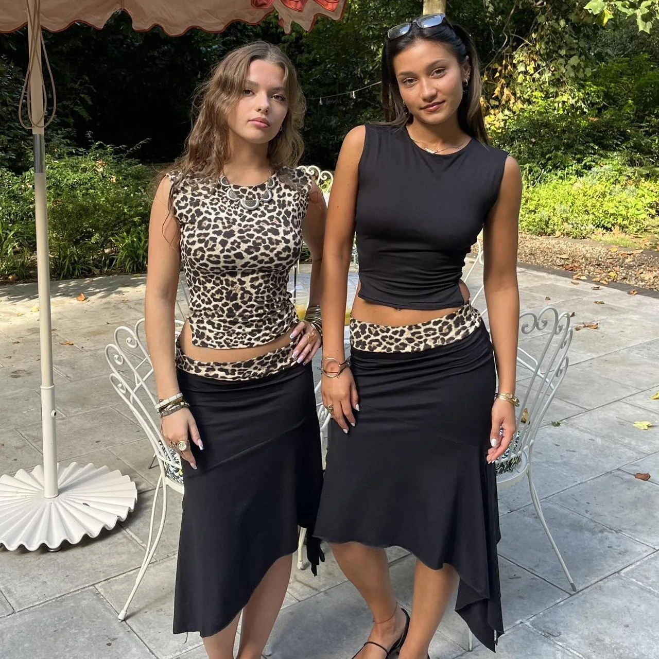 Leopard Sexy 2 Piece-Set Skirt Female Contrast Lace-Up Cropped Pullover And High Waist Skirt Sets Bandage Women's Outfits