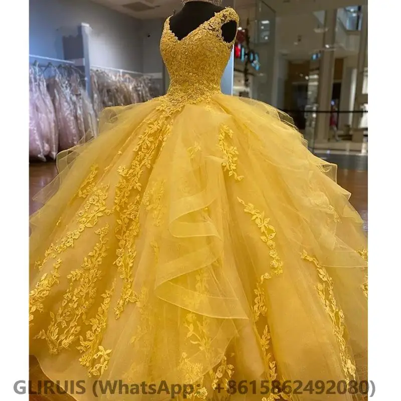 

Yellow Quinceanera Dresses Ball Gown With Big Bow Sweet 16 Birthday Prom Gowns