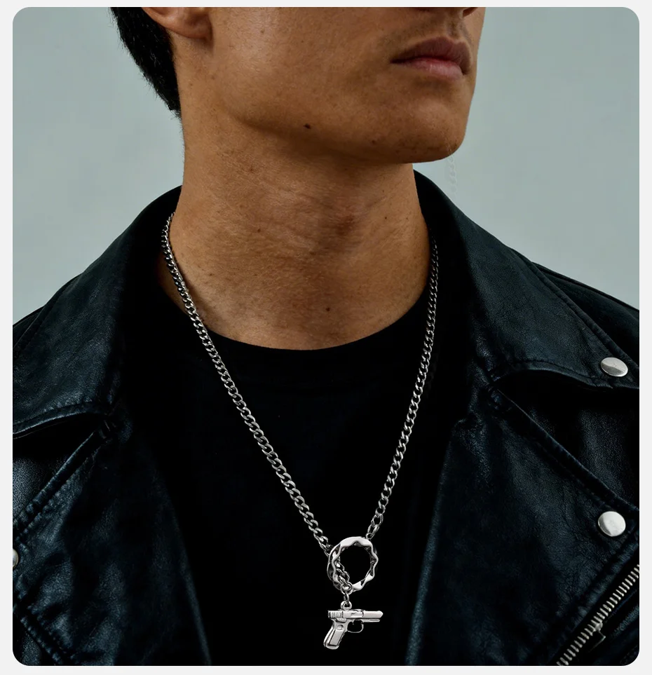 Vnox Persönliche Pistolen-Anhänger-Halskette für Männer, Silberfarbene Edelstahl-Gliederkette, Hip-Hop-Rock-Pistolen-Halskette für Teenager-Jungen – Detail 3