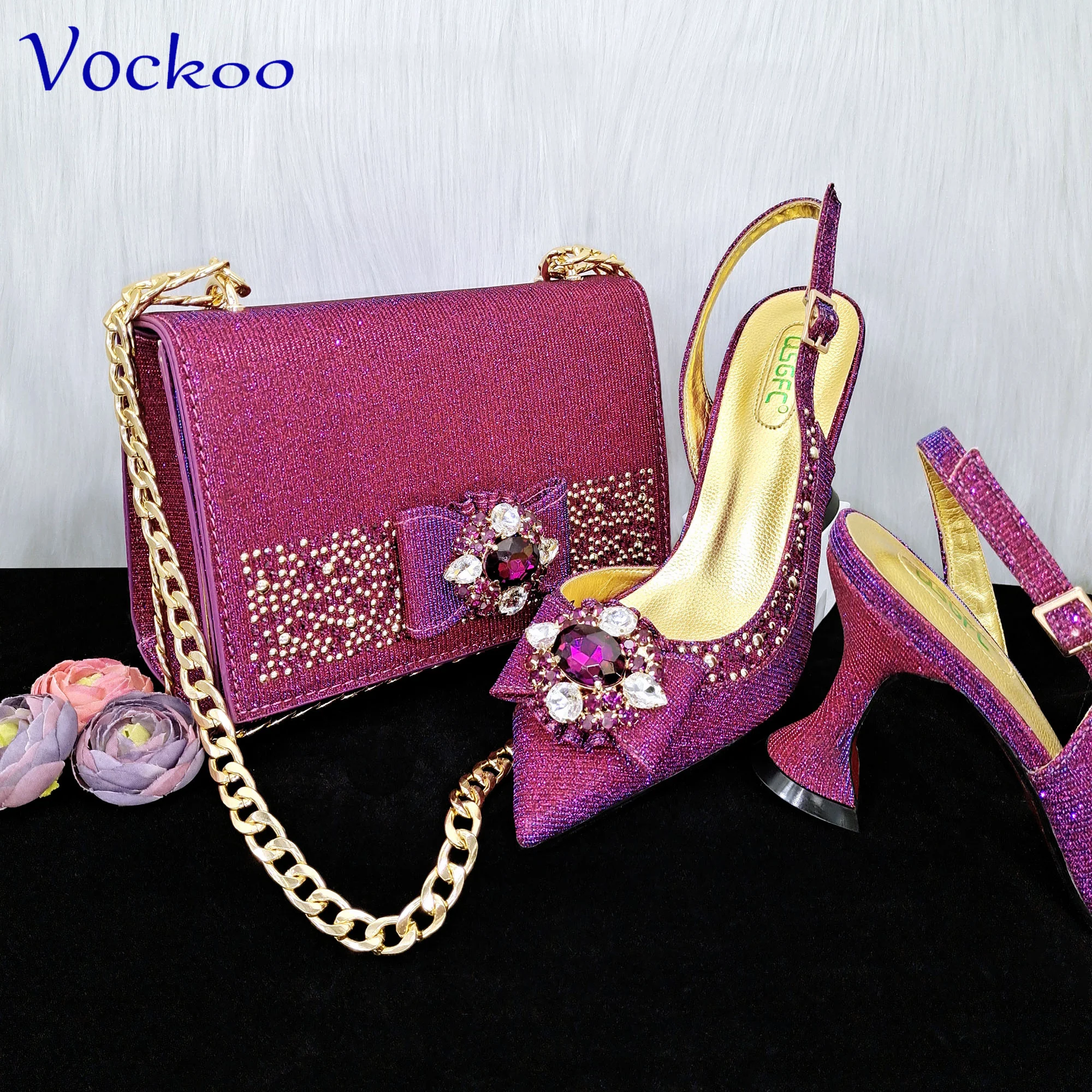 Pink Color Nigerian Women Shoes Matching Bag Set with Crystal High Quality Pointed Toe Pumps for Wedding