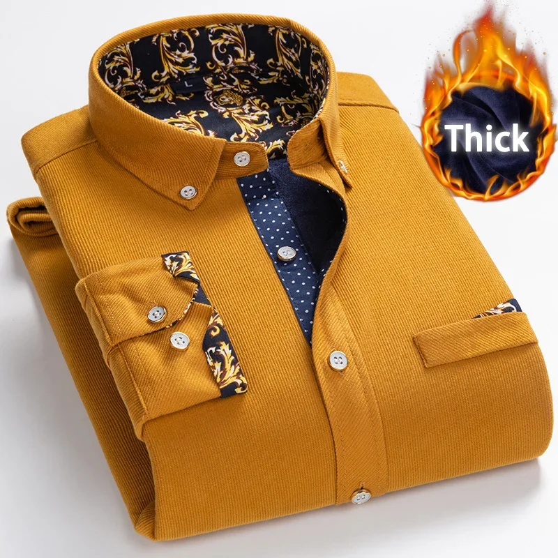 Dress Shirts Men Casual Shirts Winter warm shirt plus velvet thickening fashion print plaid shirt long sleeve men's brand dress M-5XL