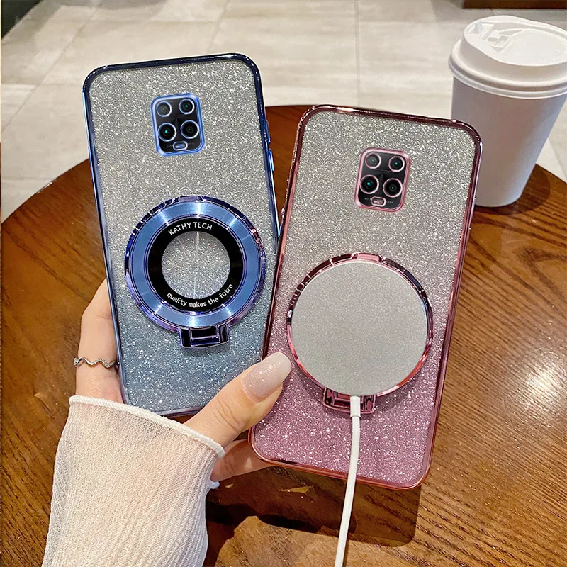 

Note 9 9S Cover For Xiaomi Redmi Note 9 10Pro 10S 11 11S 12Pro 12S 13 Pro 8 Glitter Magnetic Wireless Charging Stand Holder Case