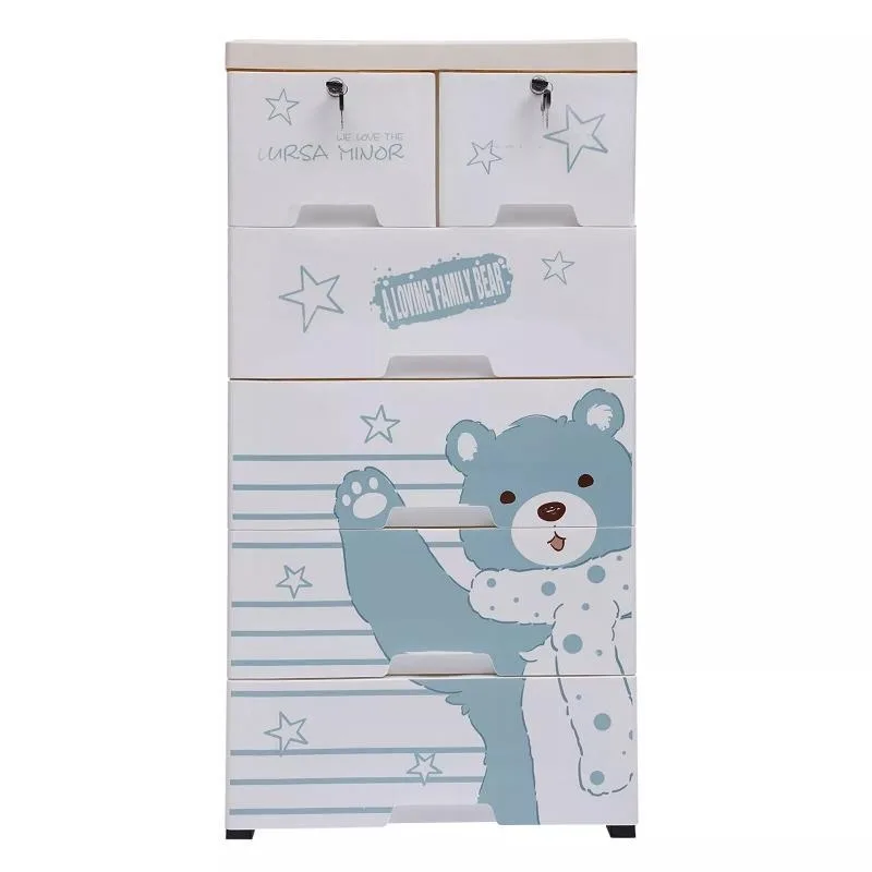 5 Layers Polar Bear Closet with 6 Drawers Tall Rolling Dresser Organizer Cartoon Style Shelf Dolls Storage Cabinet with Wheels 2