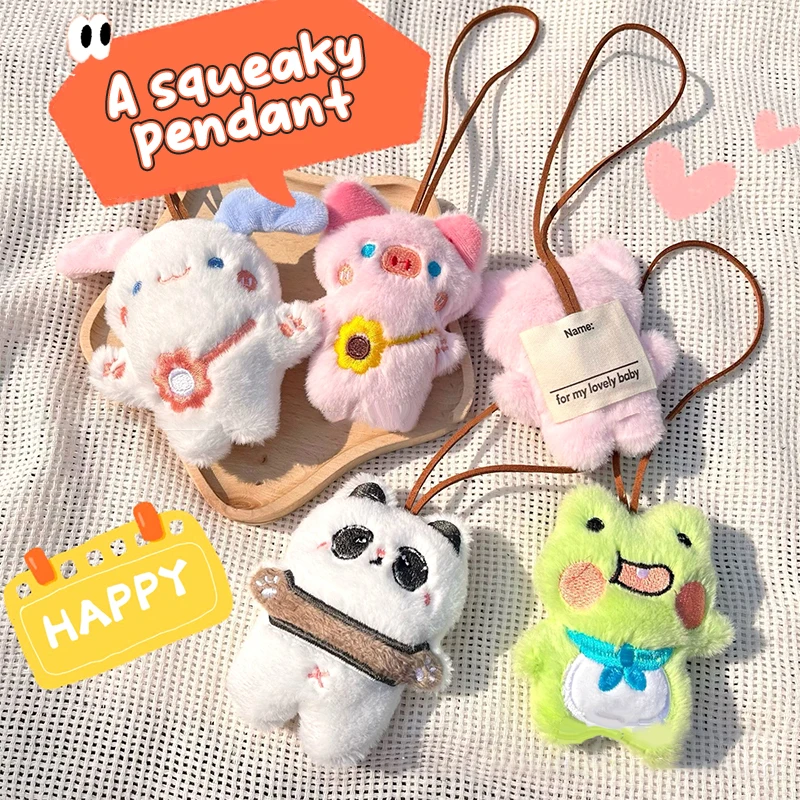 

Cartoon Squeak Doll Name Sticker Pendant Frog Pig Rabbit Panda Plush Toy Anti-lost Mark Luggage Tag Charm Keychain Bag Decor