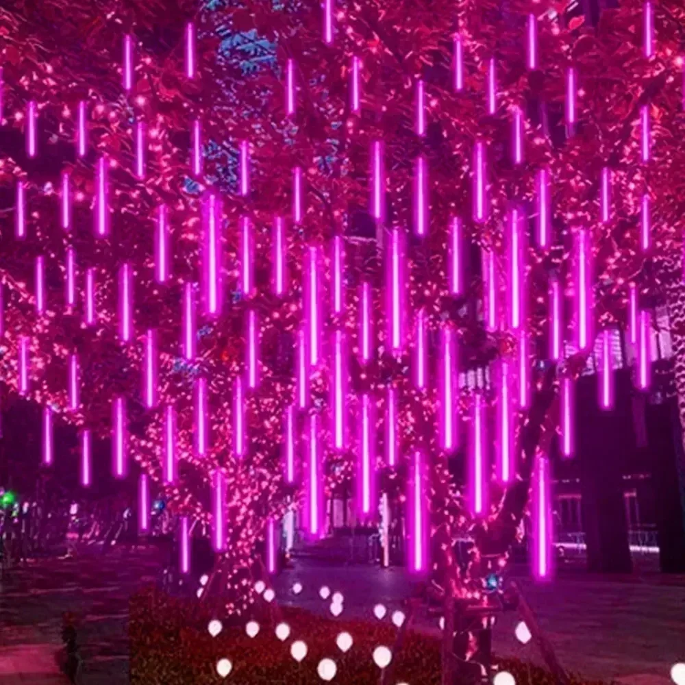 thumbnail image 1 of Cadena de luces LED de lluvia de meteoritos, 8/16/24/32 tubos, 30/50 cm, para decoración de exteriores, Navidad, bodas, árboles, fiestas, 220 V/110 V, 1 of 5