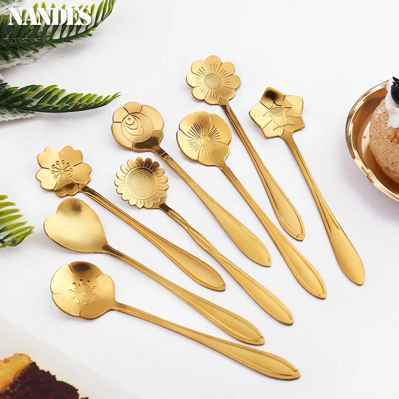 Small Flower Teaspoon Stainless Cherry Rose Flower Coffee Spoon Gifts Kitchen Dessert Accessories Tableware Decoration Set 8Pcs