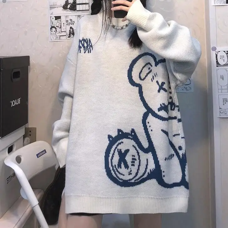 

Sweaters Oversized Knitted Basic Pullovers O Neck Loose Soft Female Knitwear Jumper Cartoon Bear Vintage Japanese Sweaters Men