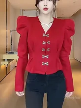 

Women's Spring Coat V-neck Puff Sleeve Top 2022 New Arrival Retro Temperament Ladies Short Small Jacket Red Black