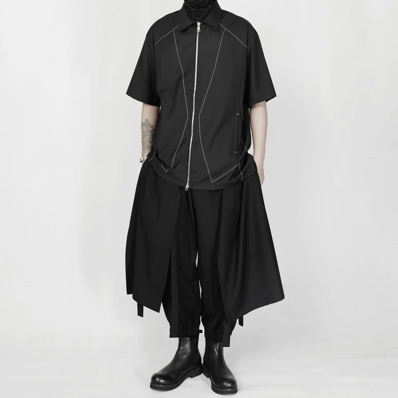 2023 summer new shirts men  wind diablo niche popular logo ins two-way zipper loose shirts with short sleeves 2