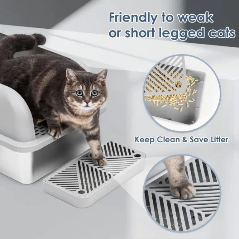 Kattenbak van Roestvrij Staal, Hoge Zijkant Gesloten Metalen Kattenbak met Schep, Kattenbak met Antiaanbaklaag, Geurbestrijding Gemakkelijk Schoon Te Maken 19,6 X 13,7 X 7,8 Inch