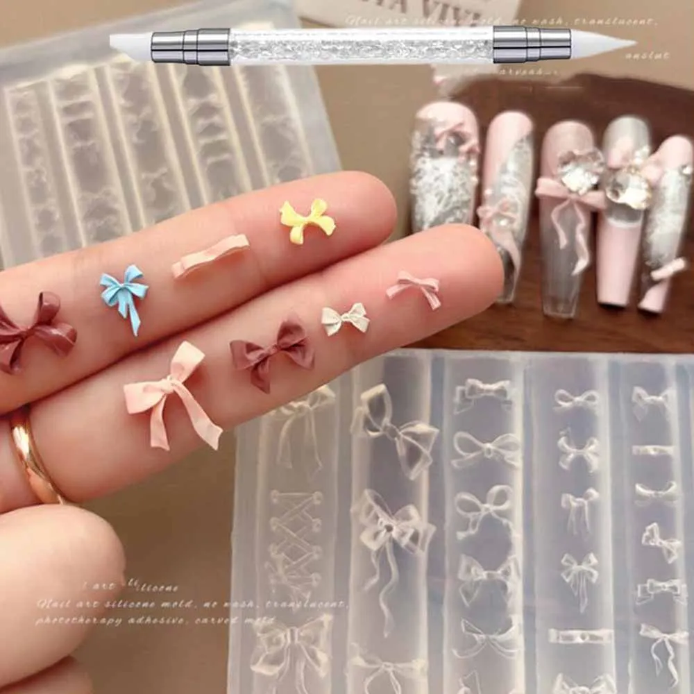 2pcs3D Klare Schleife Silikon Nagel Formen mit Carving Stift Nette Bögen Nagel Vorlage Schablonen Wiederverwendbare Maniküre Geschnitzte Form Werkzeuge – Detail 4