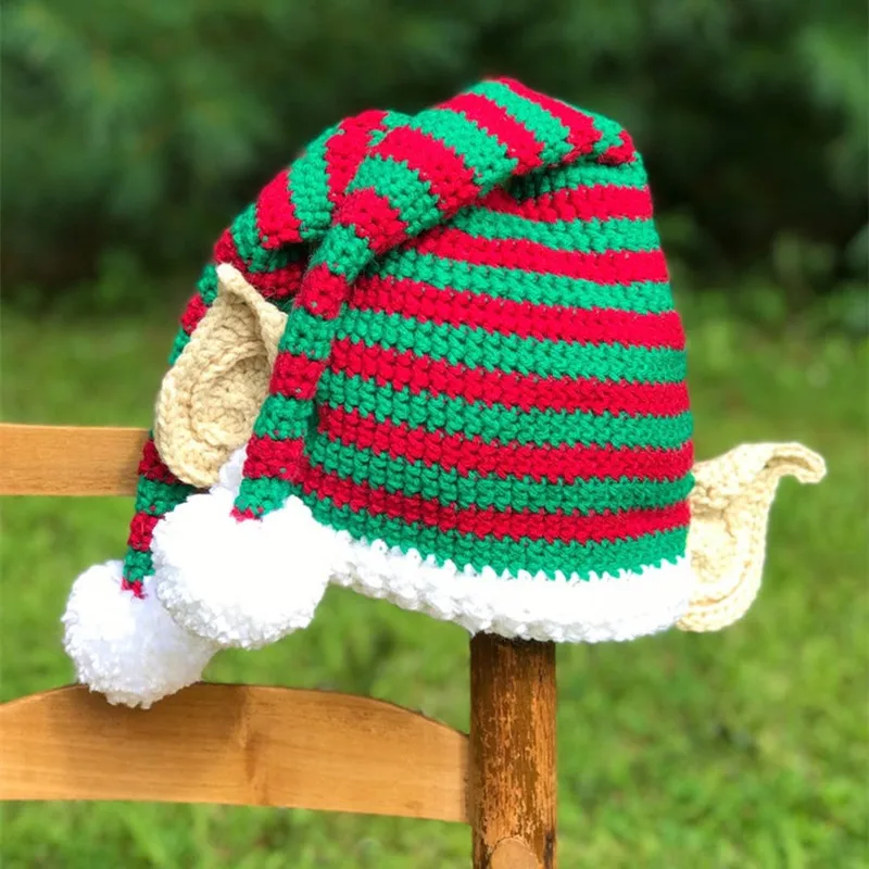 Christmas Elf Hat Long Tail Crochet Beanie Children Women Men Knit Kid Cap Green Red And White Stripe Winter Santa Costume Props