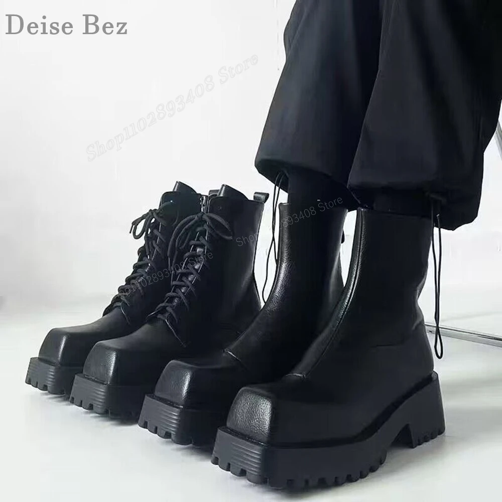 

Black Square Toe Men Ankle Boots Cross Tied Thick Soled Lace up Matte Leather Fashion Solid Men Shoes 2023 Zapatillas Mujers