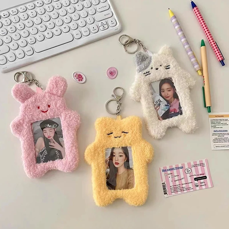 

INS Cute Cat Rabbit Plush Photocard Holder Kpop Idol Photo Sleeve Protective Case Student ID Card Cover With Keychain Pendant