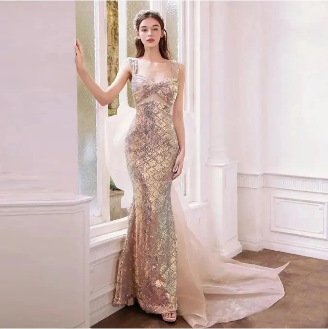 

Gold Shiny Evening Dresses Mermaid Long Prom Gown Glitter Sequin Sparkle Sweetheart Spaghetti Strap Bow Back Woman Party Dress