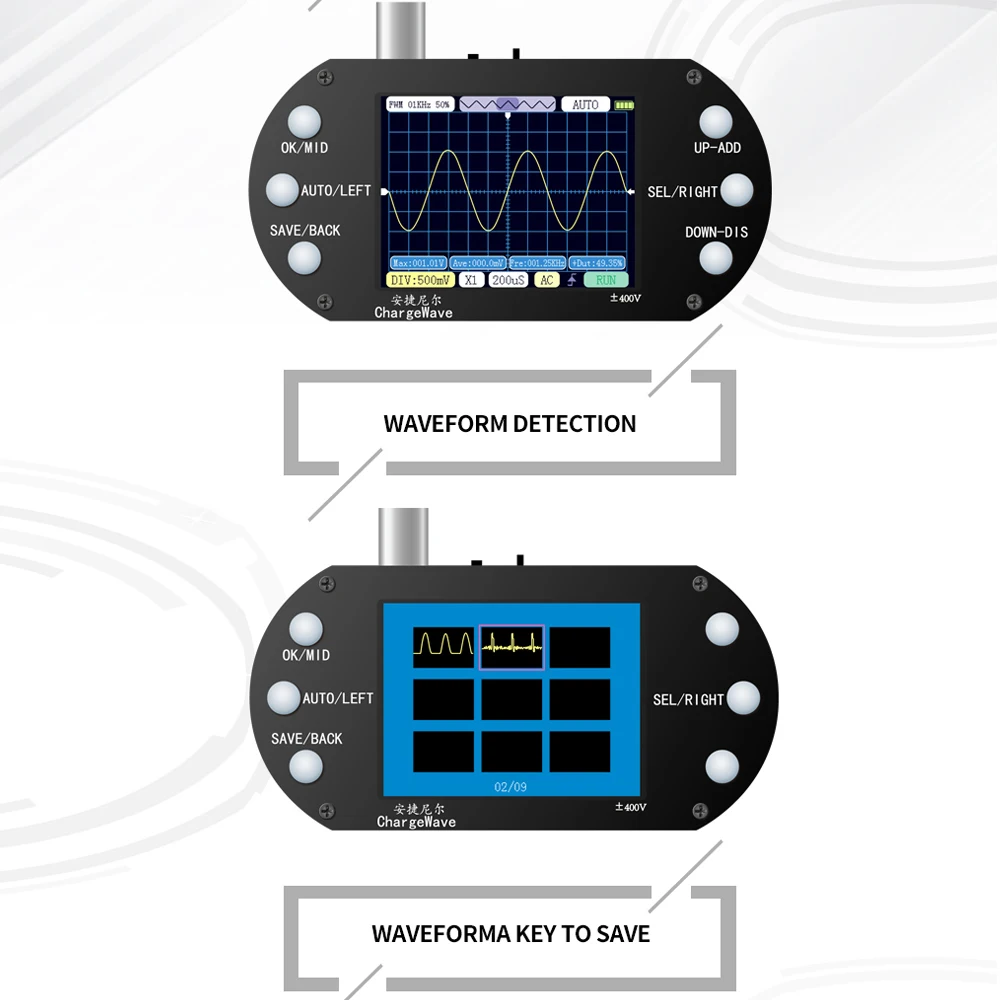 Digital Oscilloscope Handheld Mini 500KHz Bandwidth 2.5MSa/s Sine Wave/Square Wave/Half Wave/Zinke Pulse Wave Entry-Level