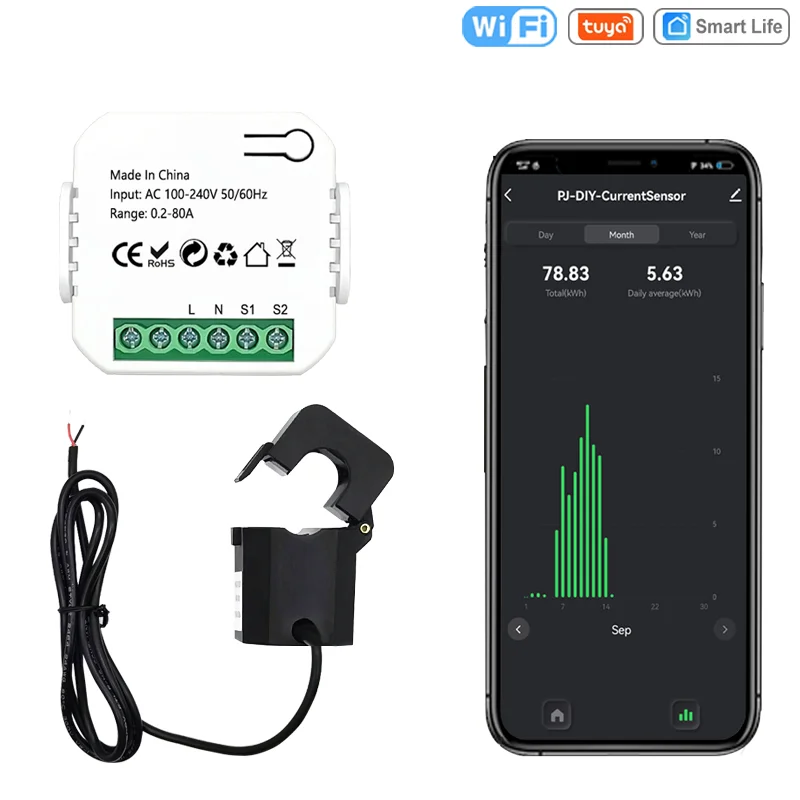 S6dfdf21cc86c411ba052e754538b2d37H Tuya Smart Life WiFi Energy Meter 80A with Current Transformer Clamp KWh Power Monitor Electricity Statistics 110V 240V 50/60Hz