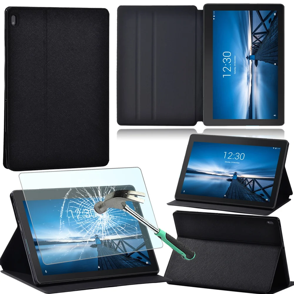 

For Lenovo TAB E10 TB-X104F 10.1 Inch Anti-fall Soft Stand Shell Cover Black Leather Folio Tablet Case + Tempered Glass Film