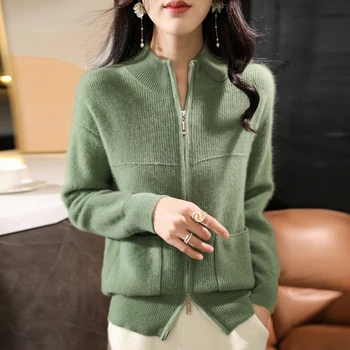 New 100% Merino wool autumn/winter women's sweater half turtleneck zip-up cardigan fashion pocket warm bottom knit coat top
