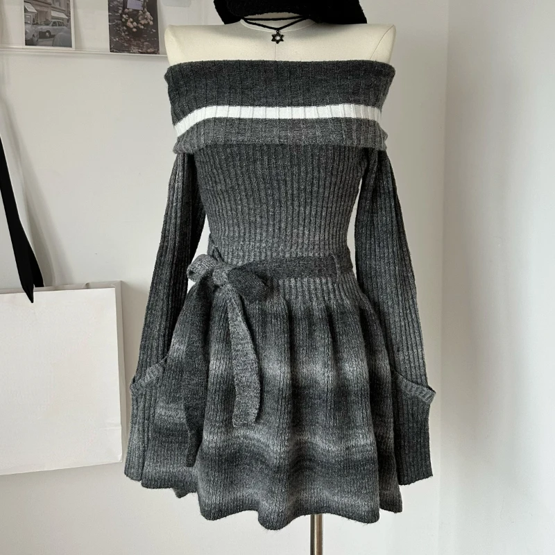 

Winter Vintage Elegant Knitted Gray Gradient Color Dress Women Sexy Slash Neck Ruffles Sweater Dresses Evening Party Minin Dress