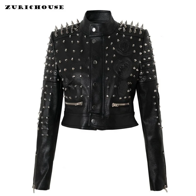 

Slim-fit Zipper Cropped Silver Studded Leather Jacket Women 2024 New Streetwear Black Faux Leather Motorcycle Jackets Cool