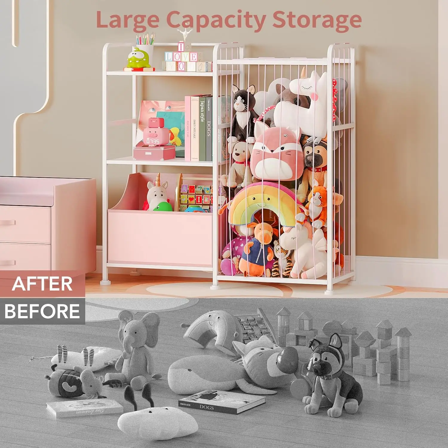 Stuffed Animal Storage - Stuffed Animal Net with Kids Bookshelf and Toy Organizer, 2-Tier White Bookshelf with Stuffed Animal 3