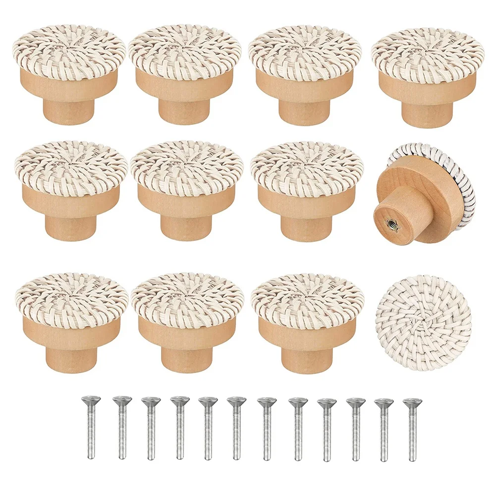 Boho Rattan Dresser Knobs Round Wooden Drawer Knobs Handmade Wicker Woven and Screws for Boho Furniture Knobs Beige 12Pc
