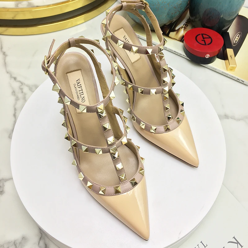 2024 Genuine Leather Rivet Fashion Classic High Heels Summer Black Slim High Heel Sandals Pointed Women's Party Wedding Pumps 41