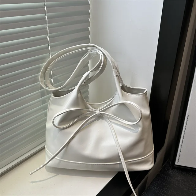 Sweet Bow Women Commuter Shoulder Bags Candy Color Large Capacity Ladies Handbags Simple Pu Leather Female Bucket Tote Bag