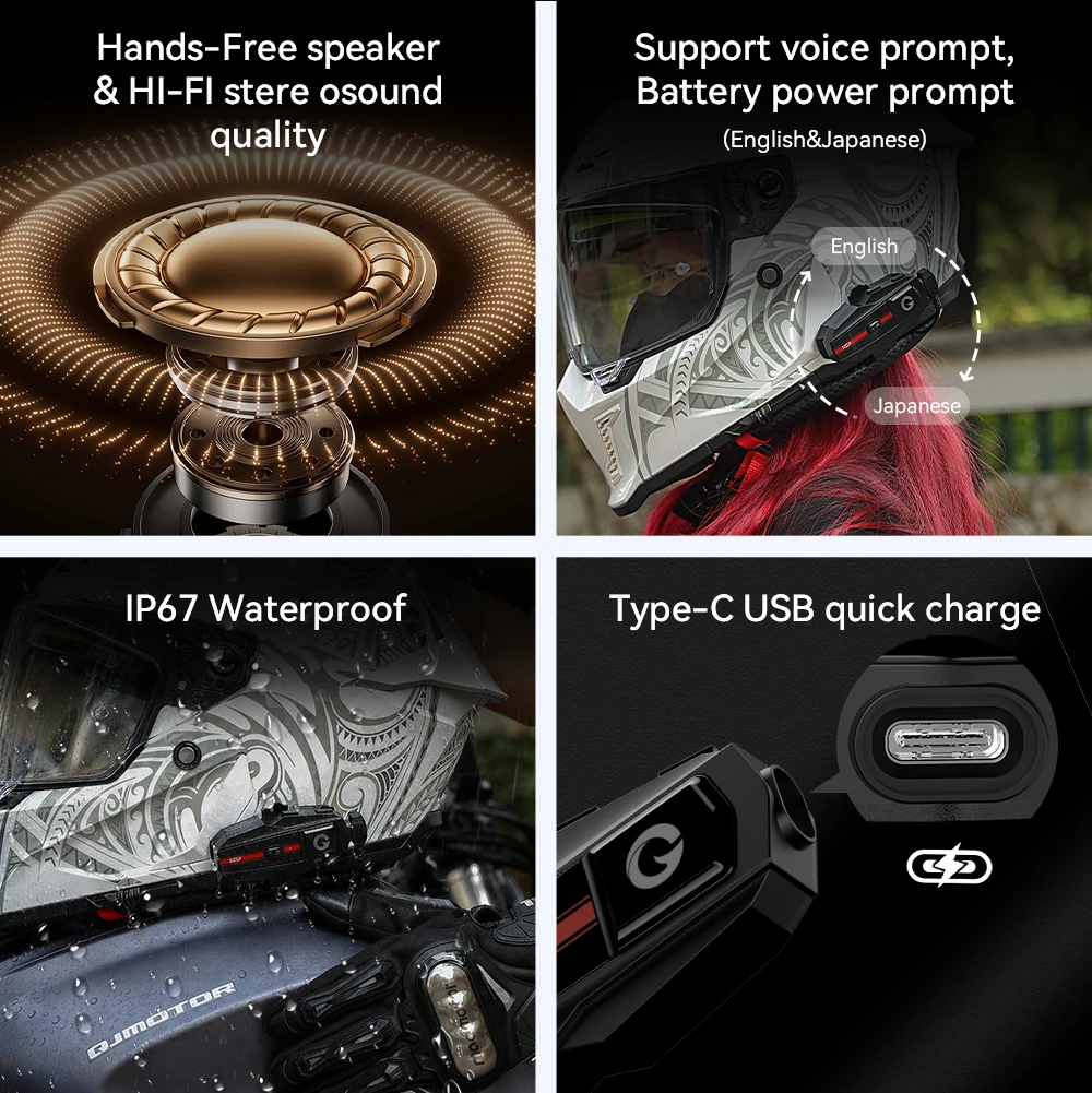 Motorrad Intercom Headset Bluetooth Wasserdicht Für 2 Fahrer_voghion.com